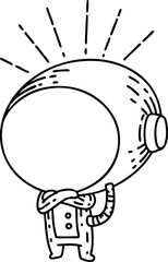 illustration of a traditional black line work tattoo style astronaut