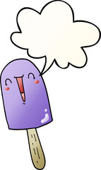 cartoon happy ice lolly with speech bubble in smooth gradient style