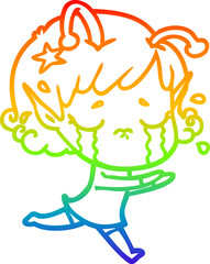 rainbow gradient line drawing of a cartoon crying alien girl