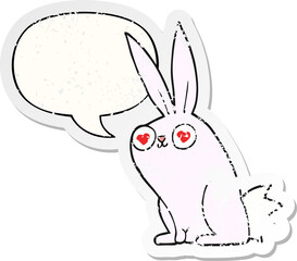 cartoon bunny rabbit in love with speech bubble distressed distressed old sticker