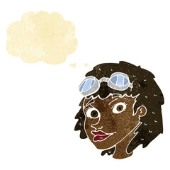 cartoon happy woman wearing aviator goggles with thought bubble