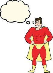 cartoon superhero with thought bubble