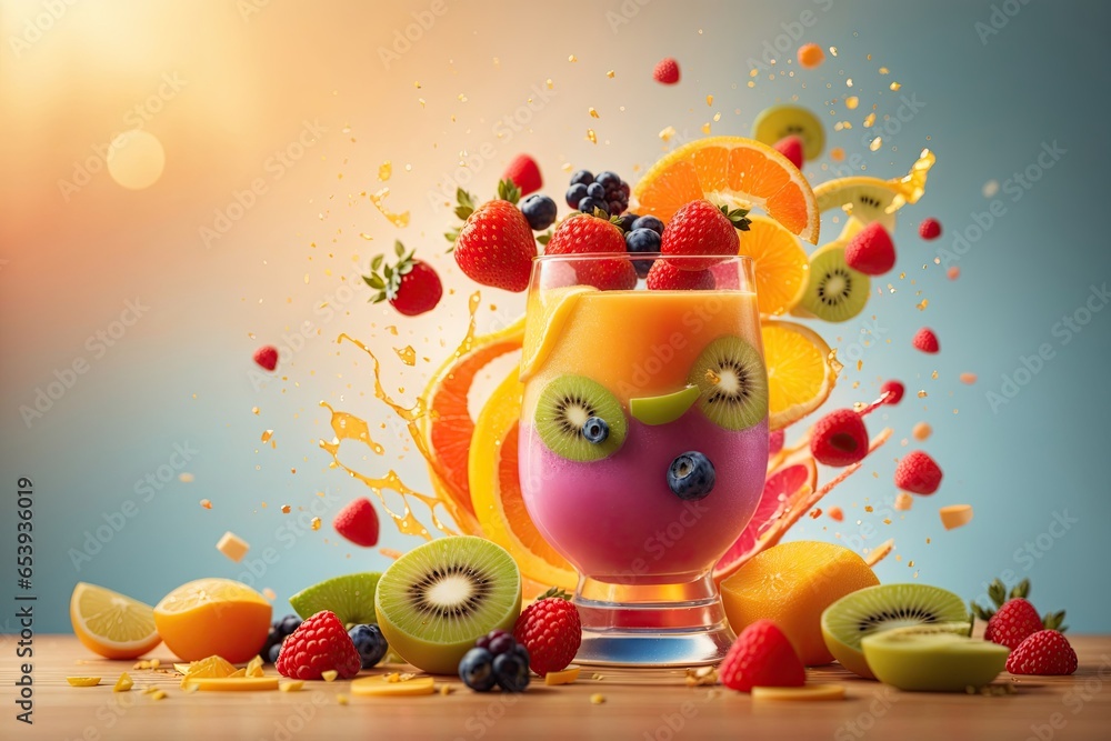 Poster minimalistic fruits with slices and juice splash. ai generative