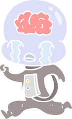 flat color style cartoon big brain alien crying running