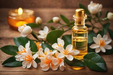 Neroli essential oil with flowers on a wooden background. ai generative