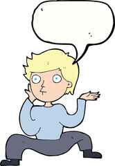 cartoon boy doing crazy dance with speech bubble