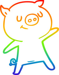 rainbow gradient line drawing of a happy cartoon pig waving