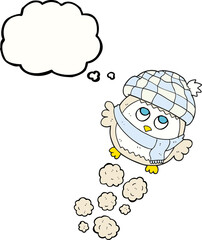 freehand drawn thought bubble cartoon cute little owl flying