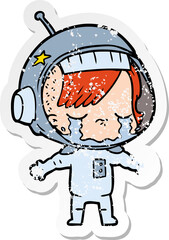 distressed sticker of a cartoon crying astronaut girl