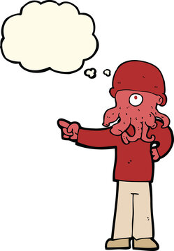 cartoon alien monster man with thought bubble