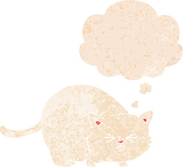 cartoon angry cat with thought bubble in grunge distressed retro textured style