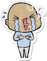 distressed sticker of a cartoon crying bald man