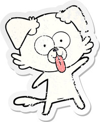 distressed sticker of a cartoon dog with tongue sticking out