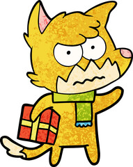 cartoon annoyed fox carrying gift