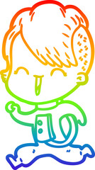 Obraz premium rainbow gradient line drawing of a cartoon happy hipster girl wearing space suit