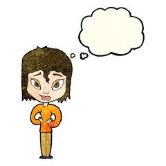 cartoon satisfied woman with thought bubble