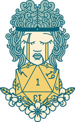 Retro Tattoo Style crying human barbarian with natural one D20 roll