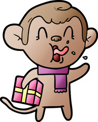 crazy cartoon monkey with christmas present