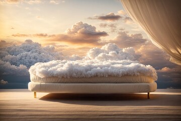 Illustration of a white bed with a cloud floating. ai generative