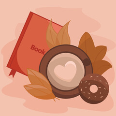 Vector autumn, hot coffee with donut, autumn leaves, book, illustration.