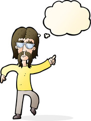 cartoon hippie man wearing glasses with thought bubble
