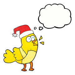 freehand drawn thought bubble textured cartoon bird wearing christmas hat