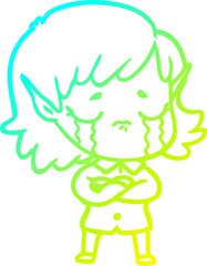 cold gradient line drawing of a cartoon crying elf girl