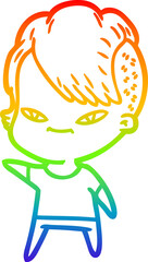 rainbow gradient line drawing of a cute cartoon girl with hipster haircut