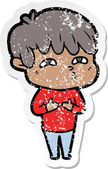 distressed sticker of a cartoon curious man