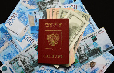 Russian passport and invested dollars in on a background of rubles. traveling abroad during holidays or holidays. fight against corruption and bribes. economic sanctions and crisis