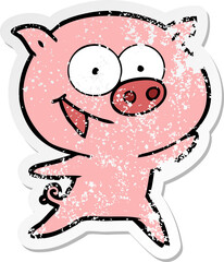 distressed sticker of a cheerful pig cartoon