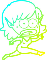 cold gradient line drawing of a cartoon shocked elf girl