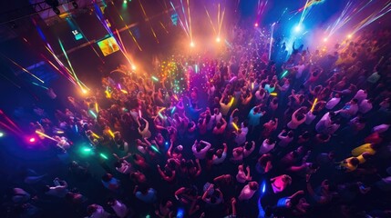 Overhead shot of a crowded, colorful nightclub with energetic partygoers. Vibrant atmosphere, disco lights, DJ playing music. Social gathering, lively and dynamic - Powered by Adobe