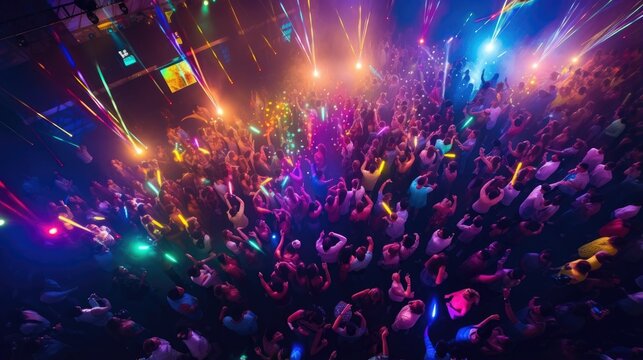 Overhead shot of a crowded, colorful nightclub with energetic partygoers. Vibrant atmosphere, disco lights, DJ playing music. Social gathering, lively and dynamic