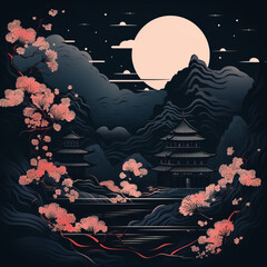 illustration of Japanese style art night time and floral mountains cherry blossoms