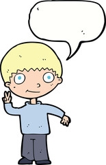 Obraz premium cartoon boy giving peace sign with speech bubble