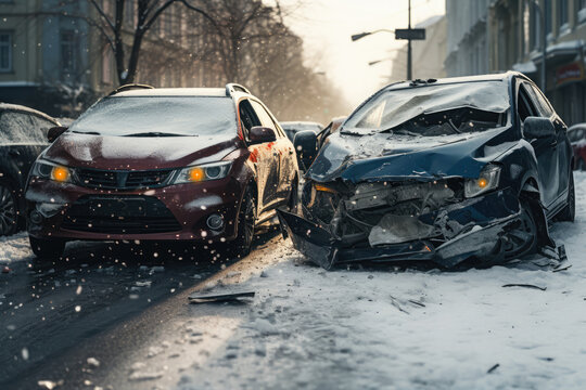 Frontal view of a two modern crashed car wreck - dented bonnet, smashed engine and windshield - on slippery icey snowy city street