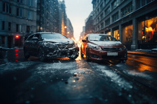 Frontal view of a two modern crashed car wreck - dented bonnet, smashed engine and windshield - on slippery icey snowy city street with copy space