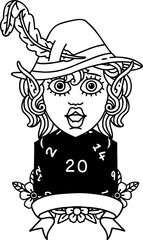 Black and White Tattoo linework Style elf bard with natural twenty dice roll