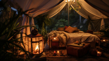 a cozy tent in a beautiful garden