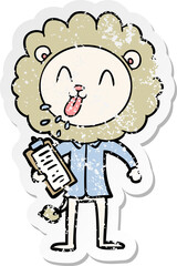 distressed sticker of a happy cartoon lion
