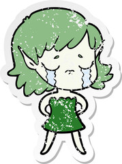 distressed sticker of a crying cartoon elf girl