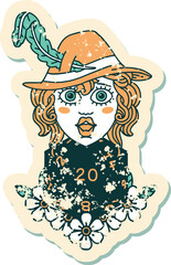 grunge sticker of a human bard with natural 20 dice roll
