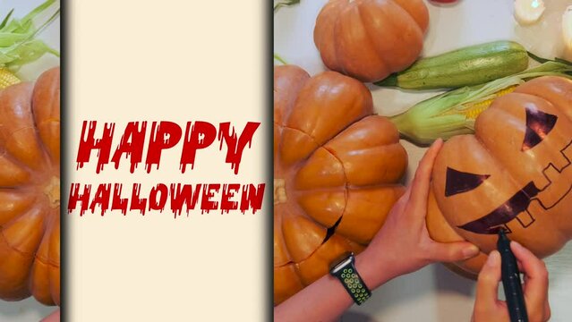 Creative holiday background with traditional pumpkins and woman hands draws with felt-tip pen creepy face jack o'lantern, burning candles, corns, image moves apart and inscription Happy Halloween.