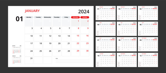 calendar design template 2024 in a classic new. week start on sunday  - obrazy, fototapety, plakaty