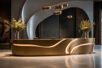 Hotel luxury style reception desk with pendants in a lobby interior