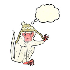 cartoon monkey wearing hat with thought bubble