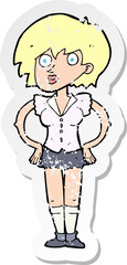retro distressed sticker of a cartoon surprised woman with hands on hips