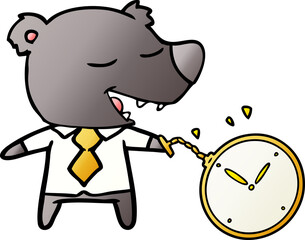 cartoon bear wearing shirt and tie holding watch