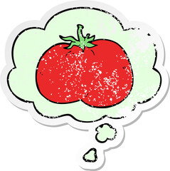 cartoon tomato with thought bubble as a distressed worn sticker